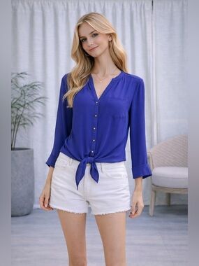 Foreign Exchange Blue Tie Front Blouse Lightweight Button Front Top | Size S
